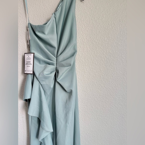 "Flo" Long Techno Scuba One Shoulder Ruffle Dress Elegant Light Blue XSCAPE - Picture 9 of 11